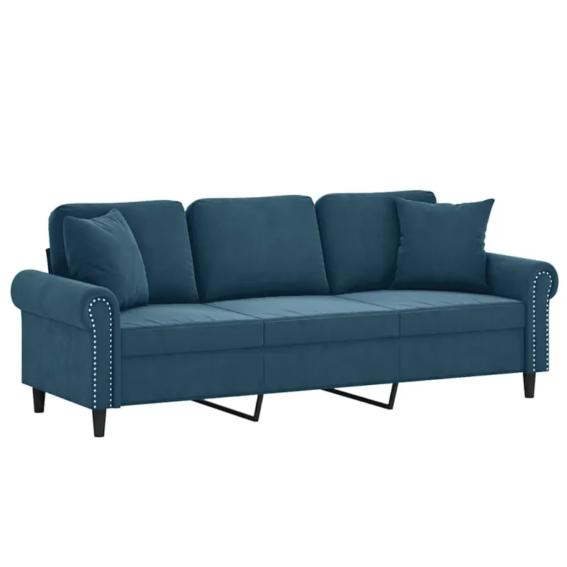Trivietė sofa su pagalvėlėmis, mėlynos spalvos, 180cm, aksomas