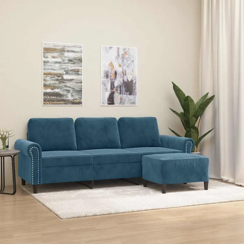 Trivietė sofa su pakoja, mėlynos spalvos, 180cm, aksomas