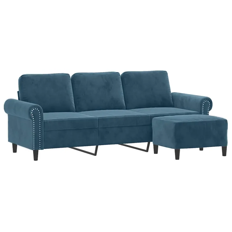 Trivietė sofa su pakoja, mėlynos spalvos, 180cm, aksomas