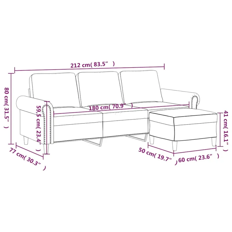 Trivietė sofa su pakoja, mėlynos spalvos, 180cm, aksomas