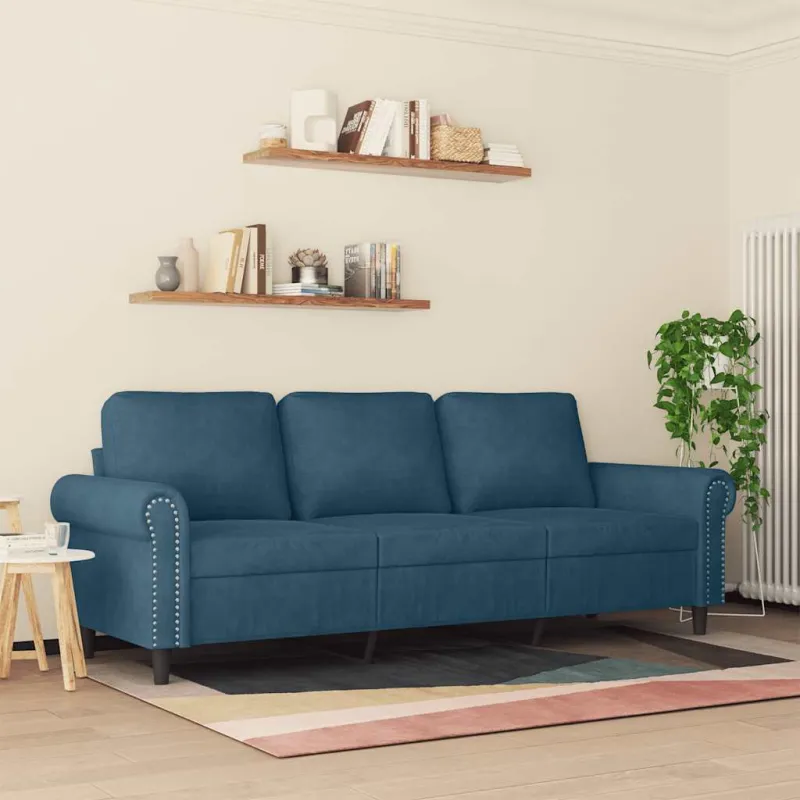 Trivietė sofa, mėlynos spalvos, 180cm, aksomas