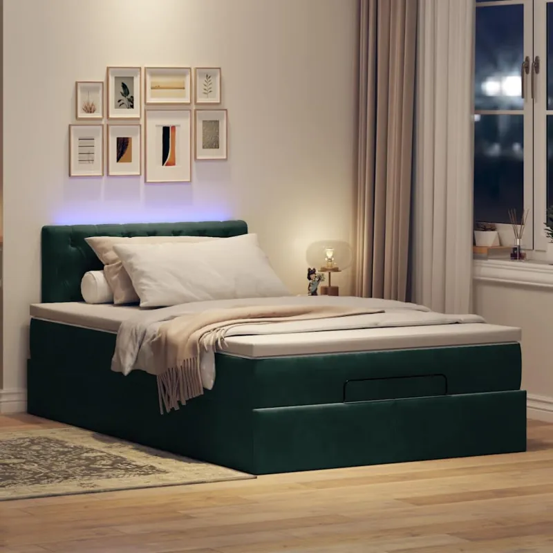 Osmanų lova su čiužiniu ir LED tamsiai žalias 120x190cm aksomas