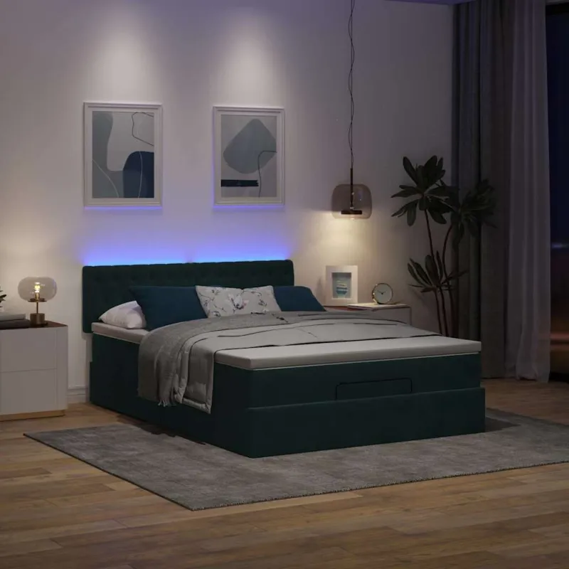 Osmanų lova su čiužiniu ir LED Tamsiai žalia 140x200cm Velvet