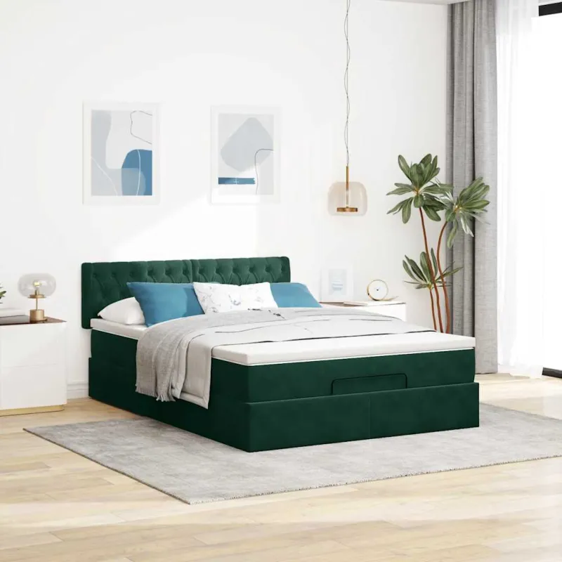 Osmanų lova su čiužiniu ir LED Tamsiai žalia 140x200cm Velvet