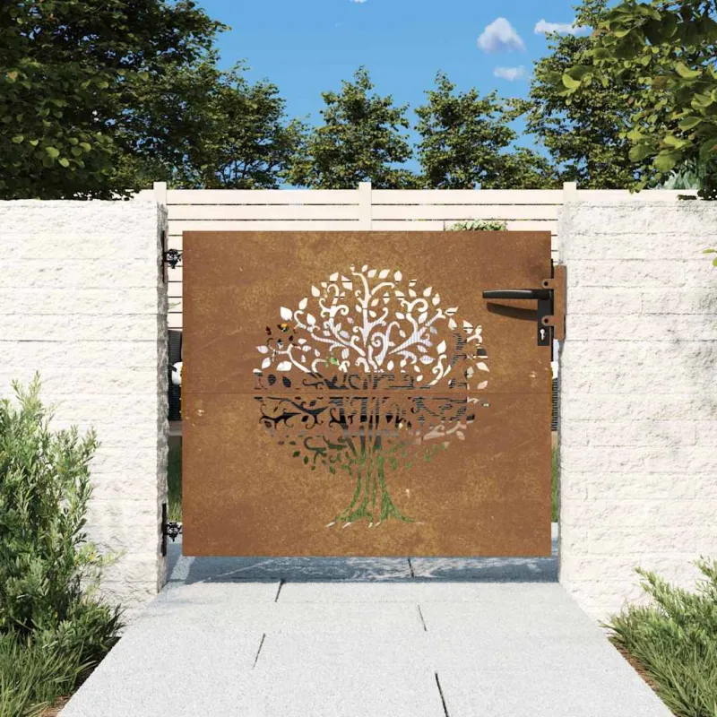 Sodo vartai, 85x75 cm, Corten plienas, medžio raštas
