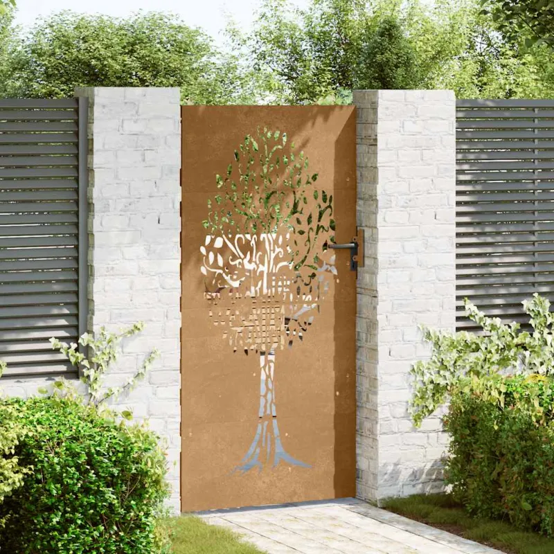 Sodo vartai, 85x175 cm, Corten plienas, medžio raštas