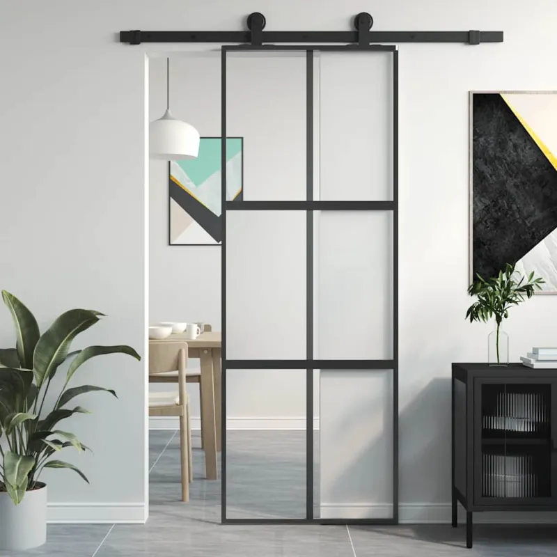 Stumdomos durys, juodos, 76x205cm, grūdintas stiklas/aliuminis