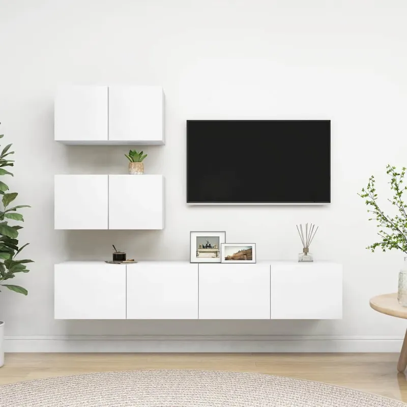 Televizoriaus spintelių komplektas, 4 dalių, baltas, mediena
