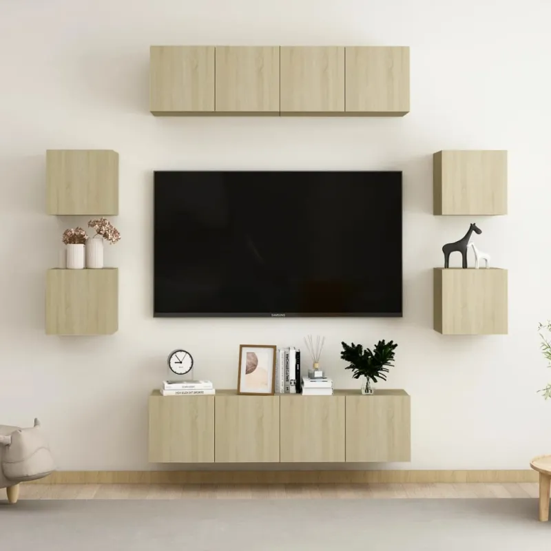 Televizoriaus spintelių komplektas, 8 dalių, ąžuolo, mediena