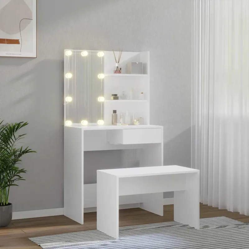 Kosmetinio staliuko komplektas su LED, baltas, apdirbta mediena