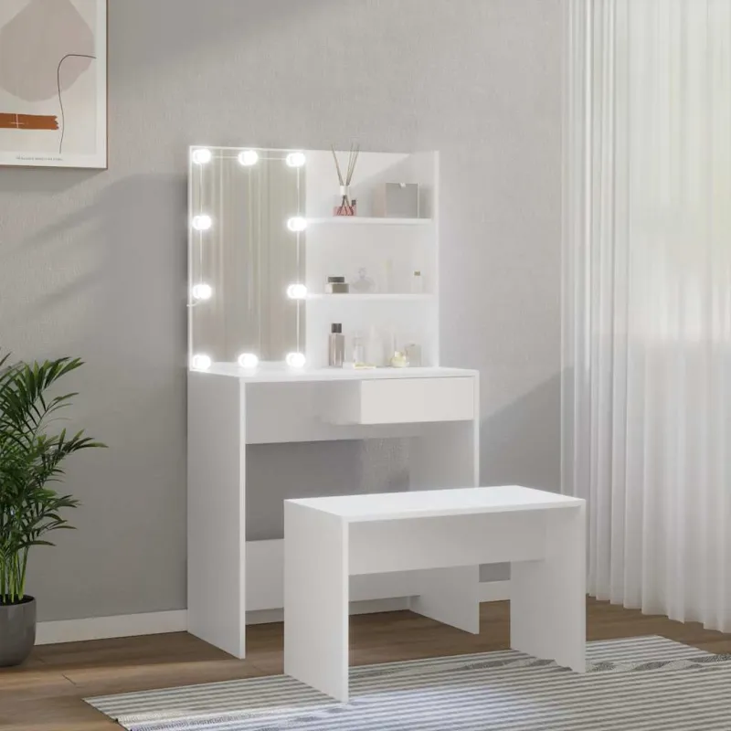 Kosmetinio staliuko komplektas su LED, baltas, apdirbta mediena