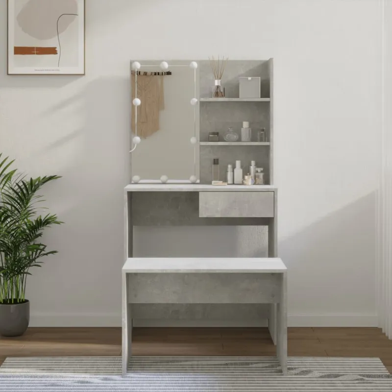 Kosmetinio staliuko komplektas su LED, baltas, mediena, blizgus