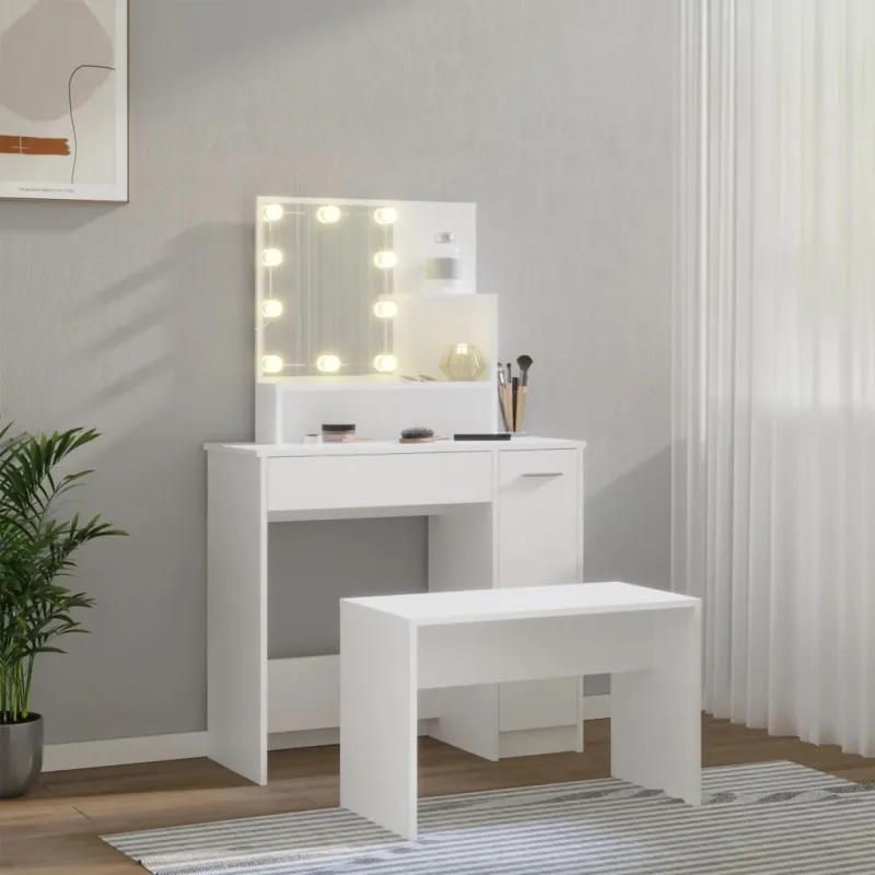 Kosmetinio staliuko komplektas su LED, baltas, apdirbta mediena