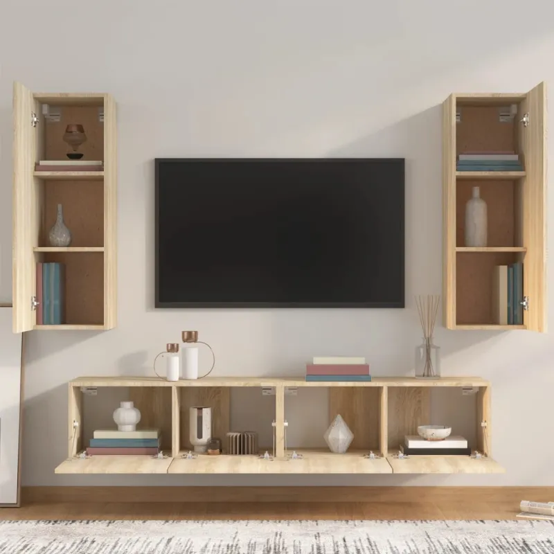 Televizoriaus spintelių komplektas, 4 dalių, ąžuolo, mediena