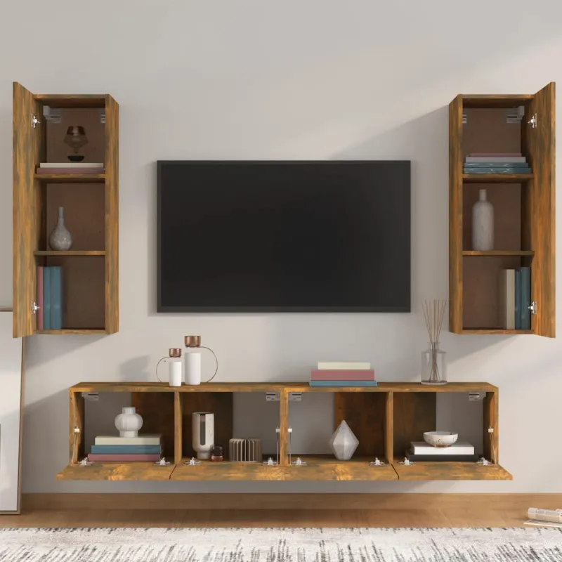 TV spintelių komplektas, 4 dalių, dūminio ąžuolo, mediena