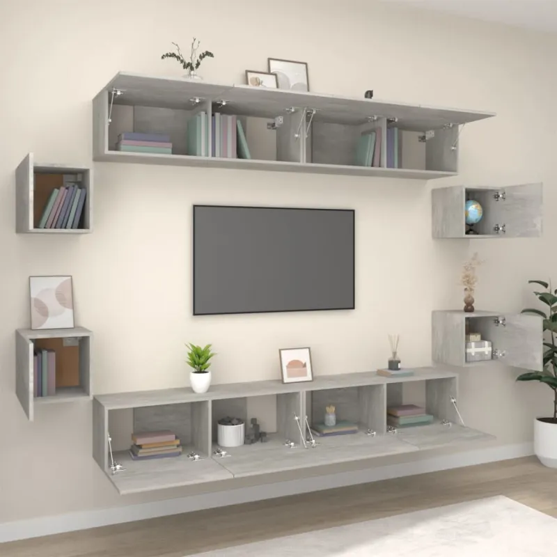 TV spintelių komplektas, 8 dalių, betono pilkas, mediena