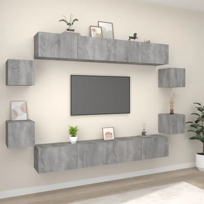 TV spintelių komplektas, 8 dalių, pilkas ąžuolo, mediena