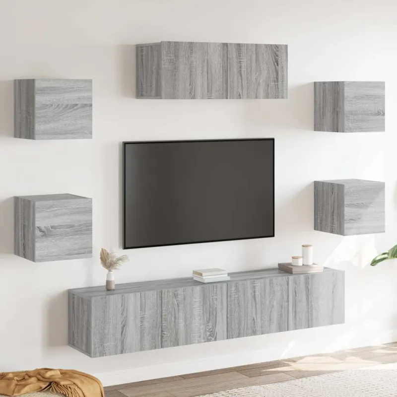 TV spintelių komplektas, 7 dalių, pilkas ąžuolo, mediena