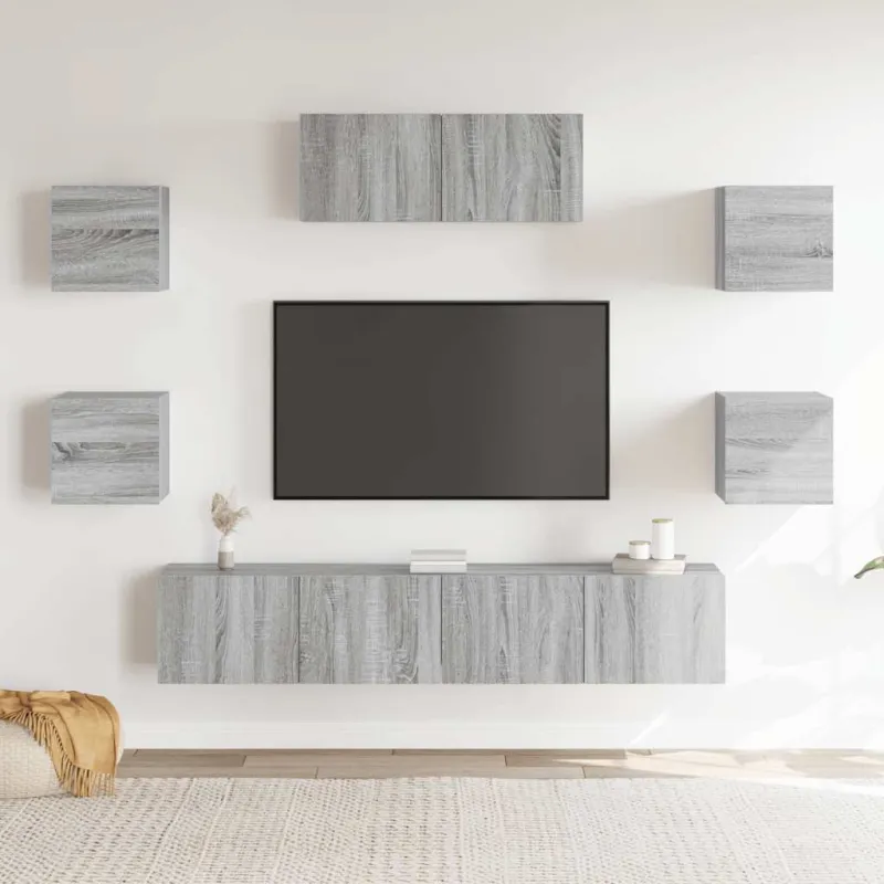TV spintelių komplektas, 7 dalių, pilkas ąžuolo, mediena