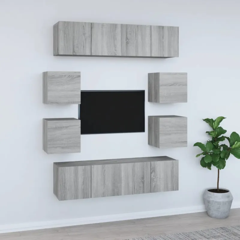 TV spintelių komplektas, 8 dalių, pilkas ąžuolo, mediena