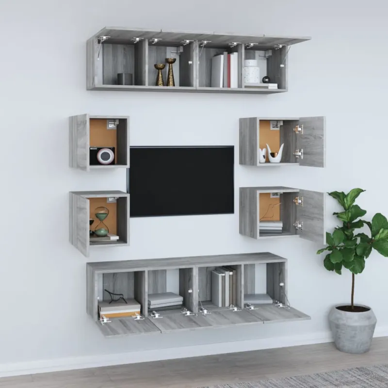 TV spintelių komplektas, 8 dalių, pilkas ąžuolo, mediena
