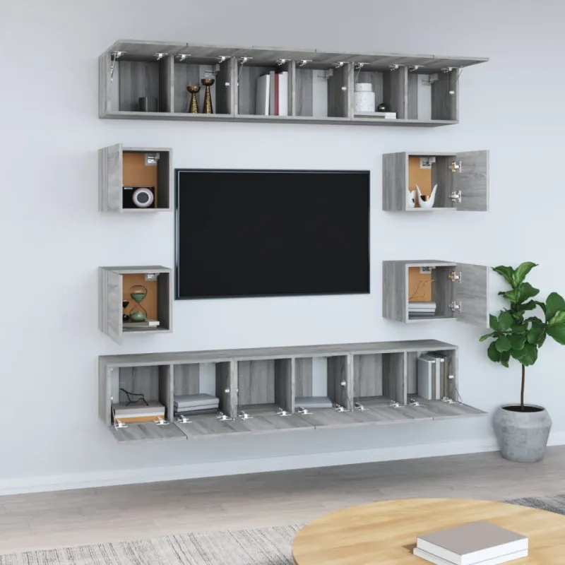 TV spintelių komplektas, 10 dalių, pilkas ąžuolo, mediena