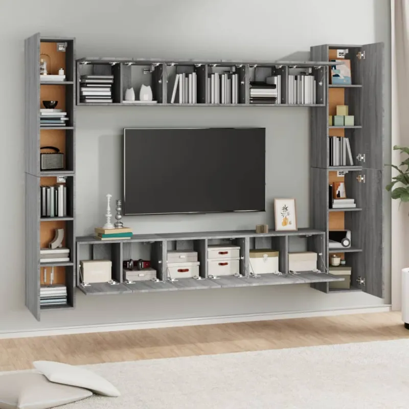 TV spintelių komplektas, 10 dalių, pilkas ąžuolo, mediena