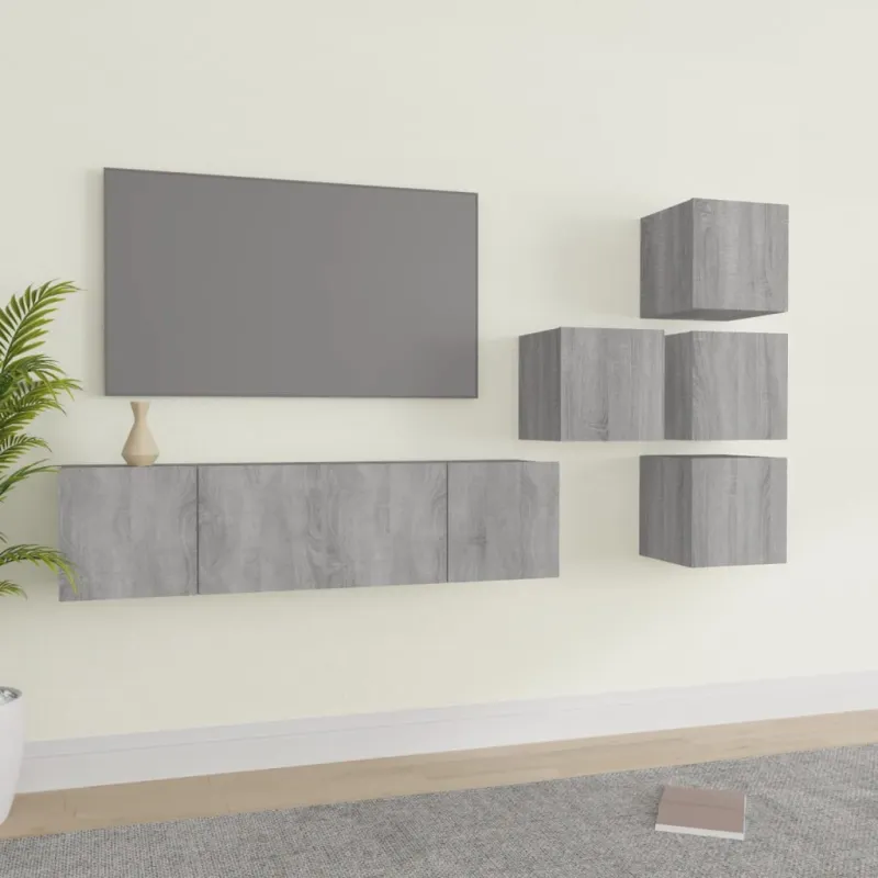 TV spintelių komplektas, 6 dalių, pilkas ąžuolo, mediena