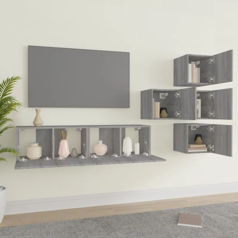 TV spintelių komplektas, 6 dalių, pilkas ąžuolo, mediena