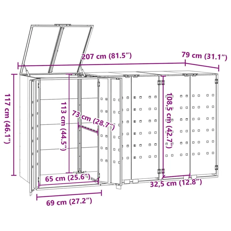 Stoginė trim konteineriams, pilka, 207x79x117cm, plienas