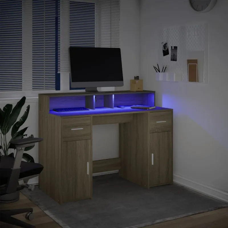 Rašomasis stalas su LED apšvietimu, ąžuolo, 97x45x90cm, mediena