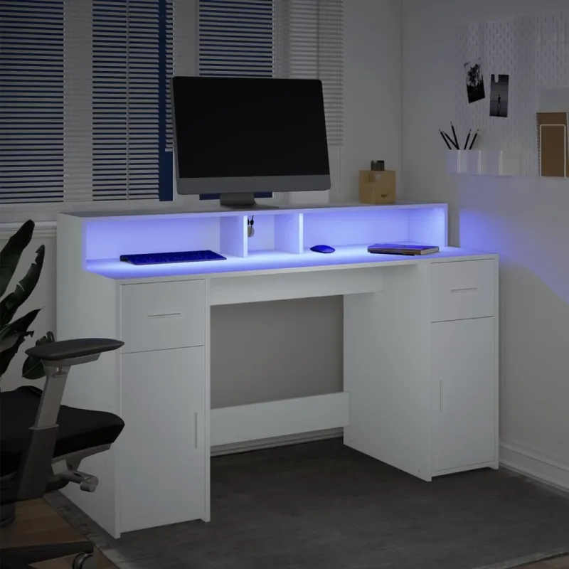 Rašomasis stalas su LED apšvietimu, baltas, 140x55x91cm