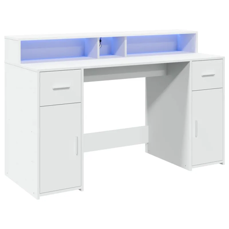Rašomasis stalas su LED apšvietimu, baltas, 140x55x91cm