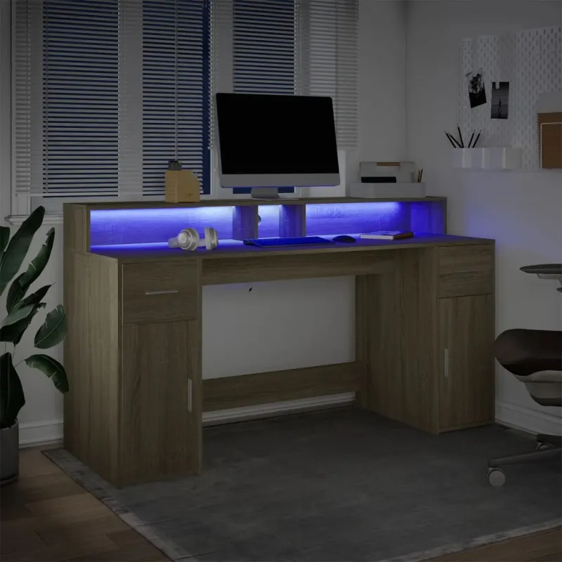 Rašomasis stalas su LED apšvietimu, ąžuolo, 160x55x91cm