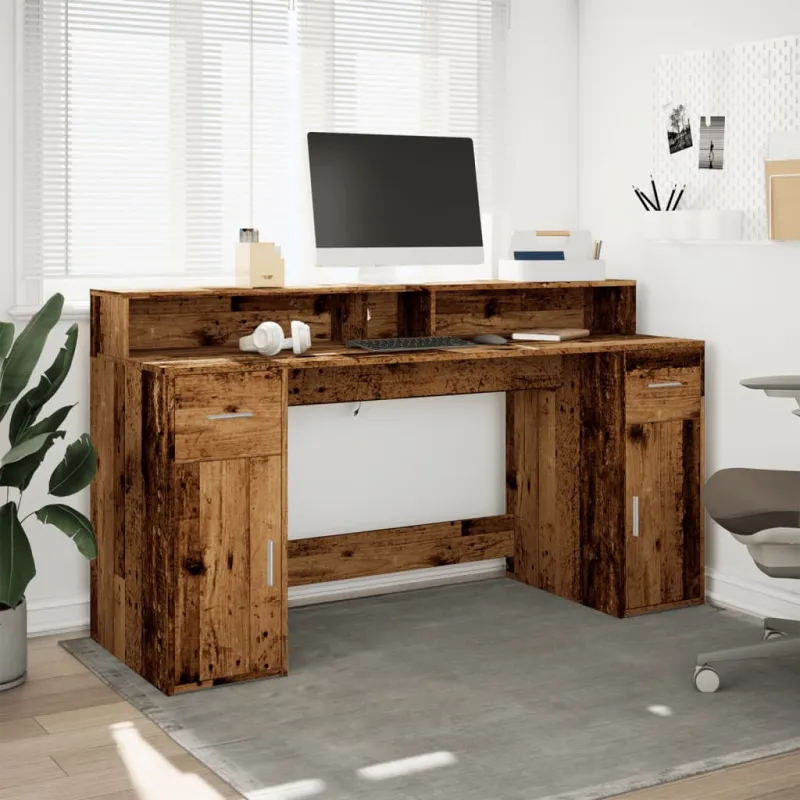 Rašomasis stalas su LED, pilkas ąžuolo, 160x55x91cm, mediena