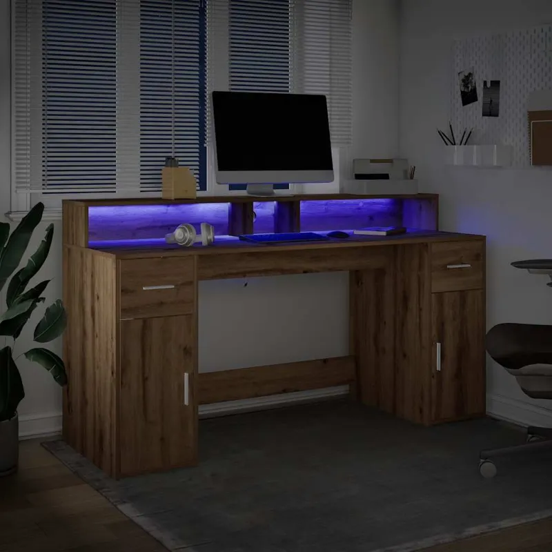 Rašomasis stalas su LED, artisano ąžuolo, 160x55x91cm, mediena