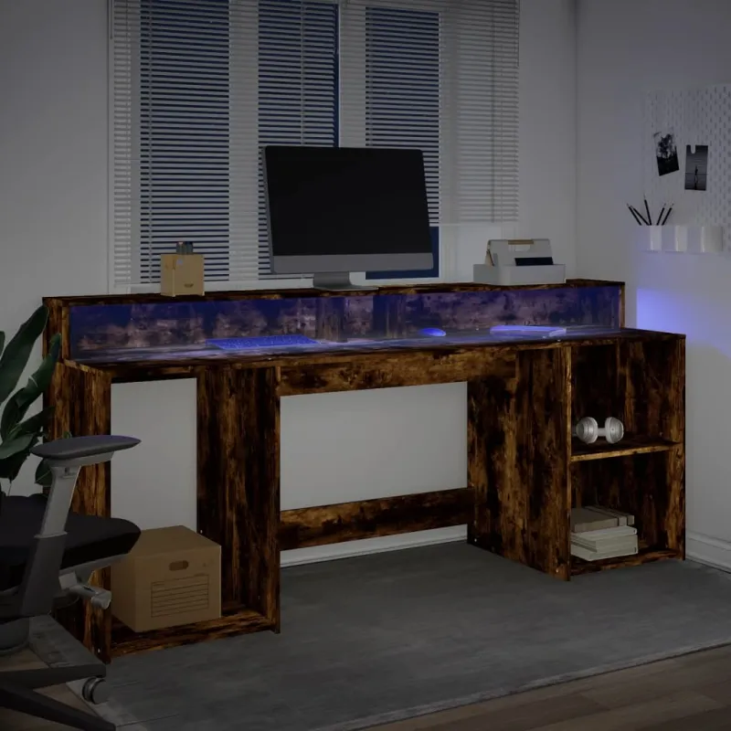 Rašomasis stalas su LED, dūminio ąžuolo, 200x55x91cm, mediena