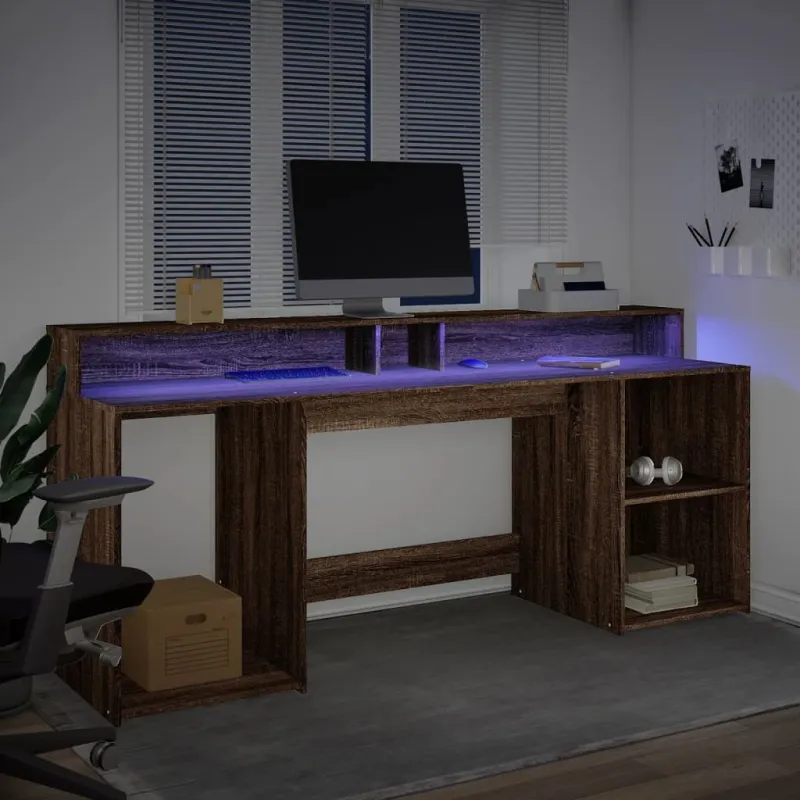 Rašomasis stalas su LED, rudas ąžuolo, 200x55x91cm, mediena