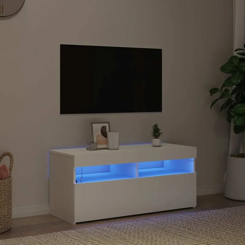 Televizoriaus spintelė su LED apšvietimu, balta, 90x35x40cm