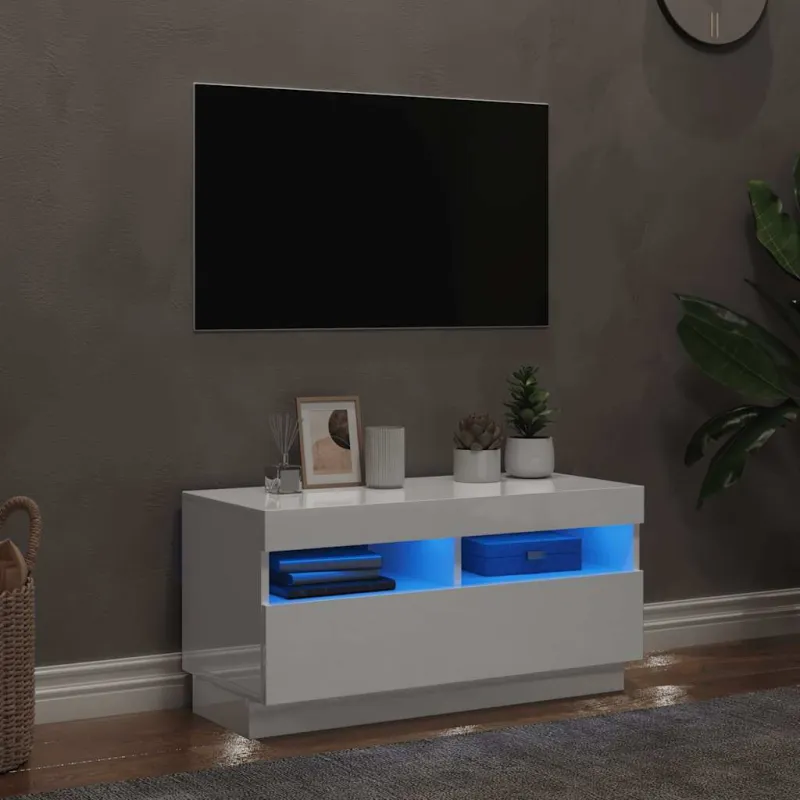TV spintelė su LED apšvietimu, balta, 80x35x40cm, blizgi