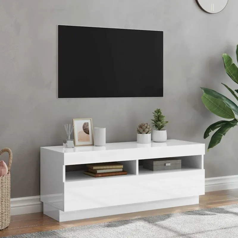 TV spintelė su LED apšvietimu, balta, 100x35x40cm, blizgi