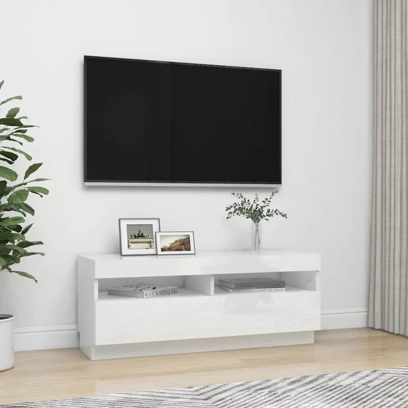 TV spintelė su LED apšvietimu, balta, 100x35x40cm, blizgi