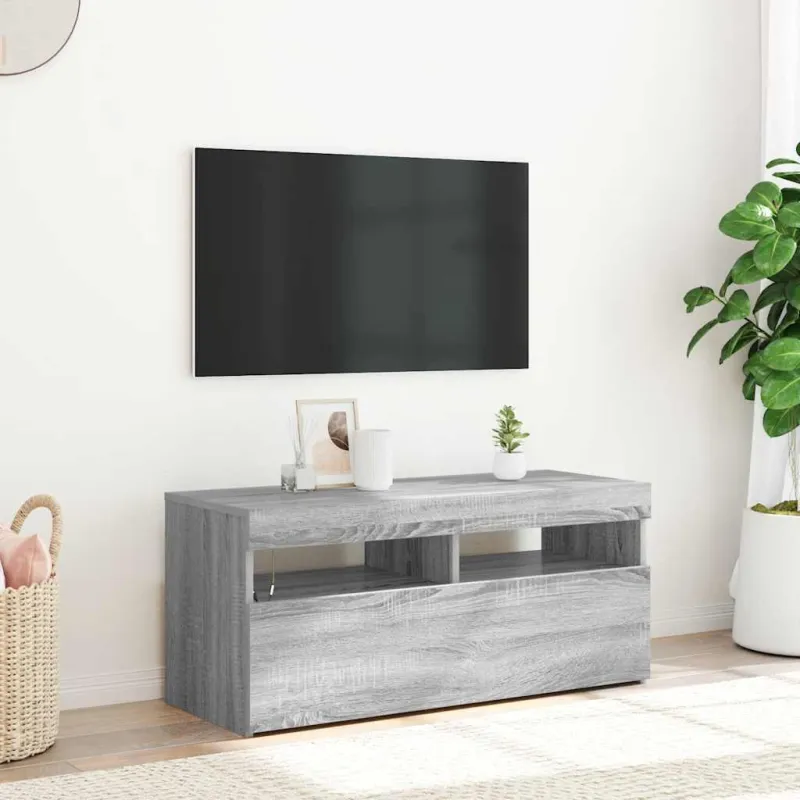 TV spintelė su LED apšvietimu, pilka ąžuolo, 90x35x40cm