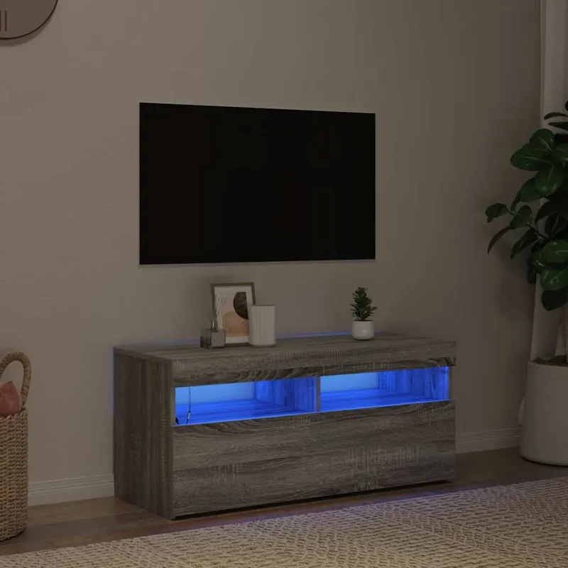 TV spintelė su LED apšvietimu, pilka ąžuolo, 90x35x40cm