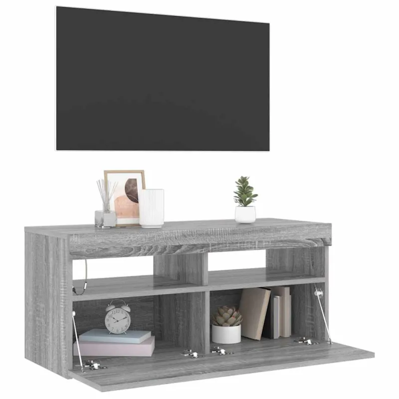 TV spintelė su LED apšvietimu, pilka ąžuolo, 90x35x40cm