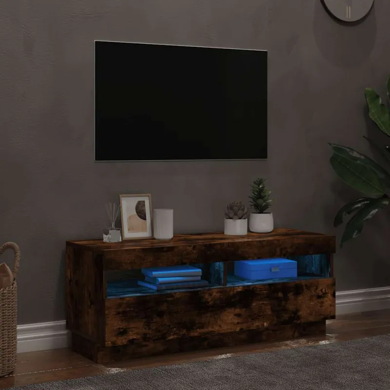 Televizoriaus spintelė su LED, dūminio ąžuolo, 100x35x40cm