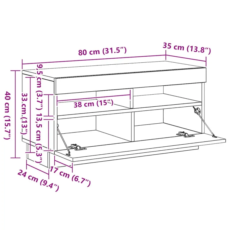 Televizoriaus spintelė su LED, dūminio ąžuolo, 80x35x40cm