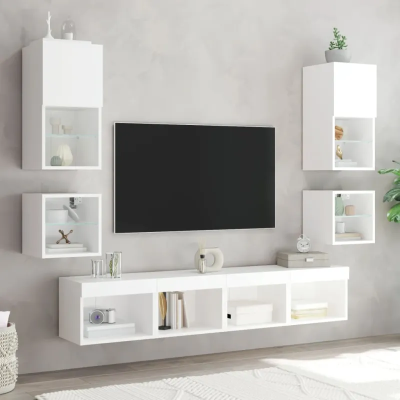 Sieninė TV spintelė su LED lemputėmis, balta, 30x28,5x30cm