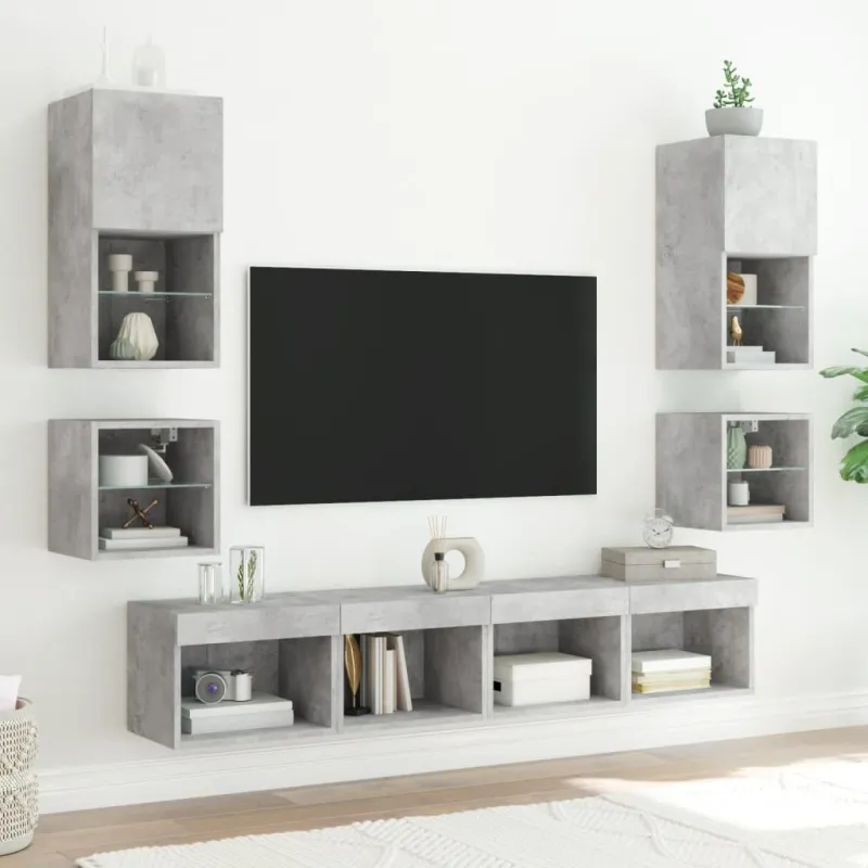 Sieninės TV spintelės su LED, 2vnt., betono, 30x28,5x30cm