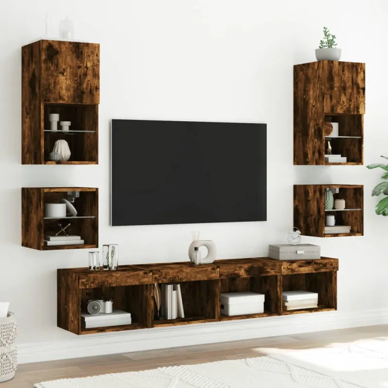 Sieninės TV spintelės su LED, 2vnt., dūminės, 30x28,5x30cm